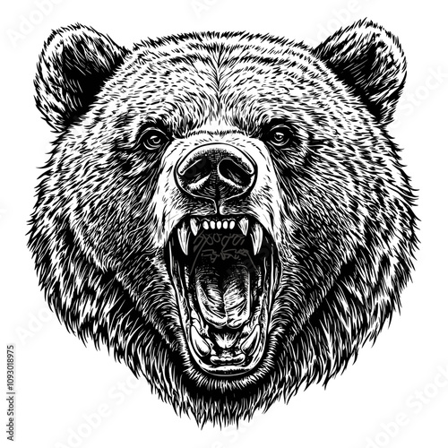Ferocious Grizzly Bear Roaring - Black and White Line Art
