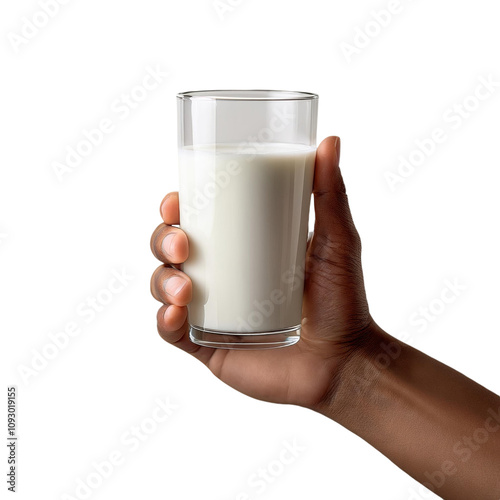 Hand holding a glass of milk, side view, transparent background image