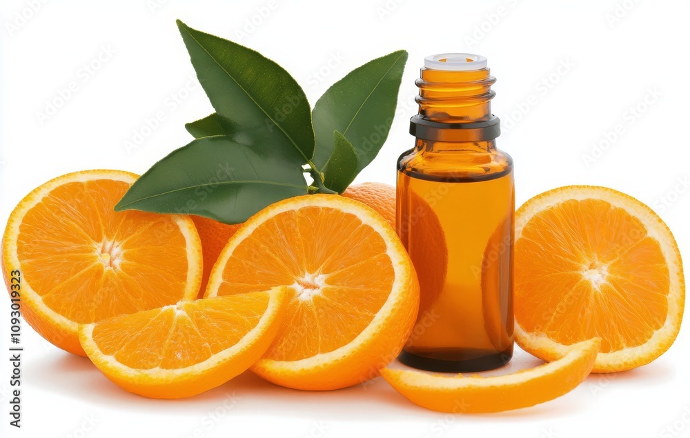 Orange slices and essential oil bottle with leaves arranged on wooden blocks in bright lighting Orange slices and essential oil bottle with leaves arranged on wooden blocks in bright lighting