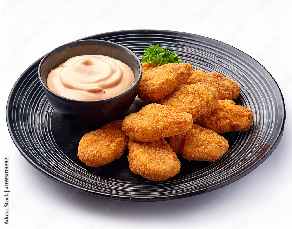 chicken nuggets on black plate. with a bowl of mayonnaise. isolated on white background. chicken nuggets on black plate. with a bowl of mayonnaise. isolated on white background.