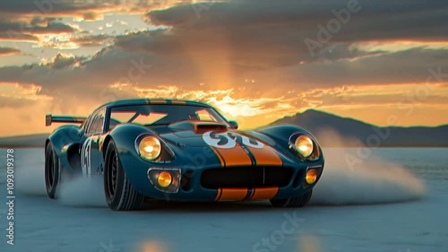 A vintage race car silhouetted against a stunning sunset.