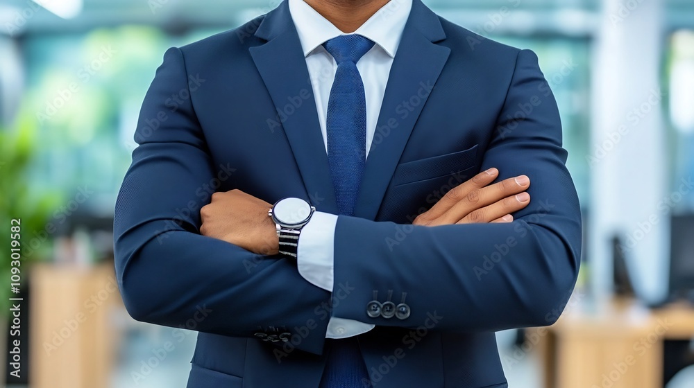 Confident businessman standing with crossed arms in blurred office environment Confident businessman standing with crossed arms in blurred office environment