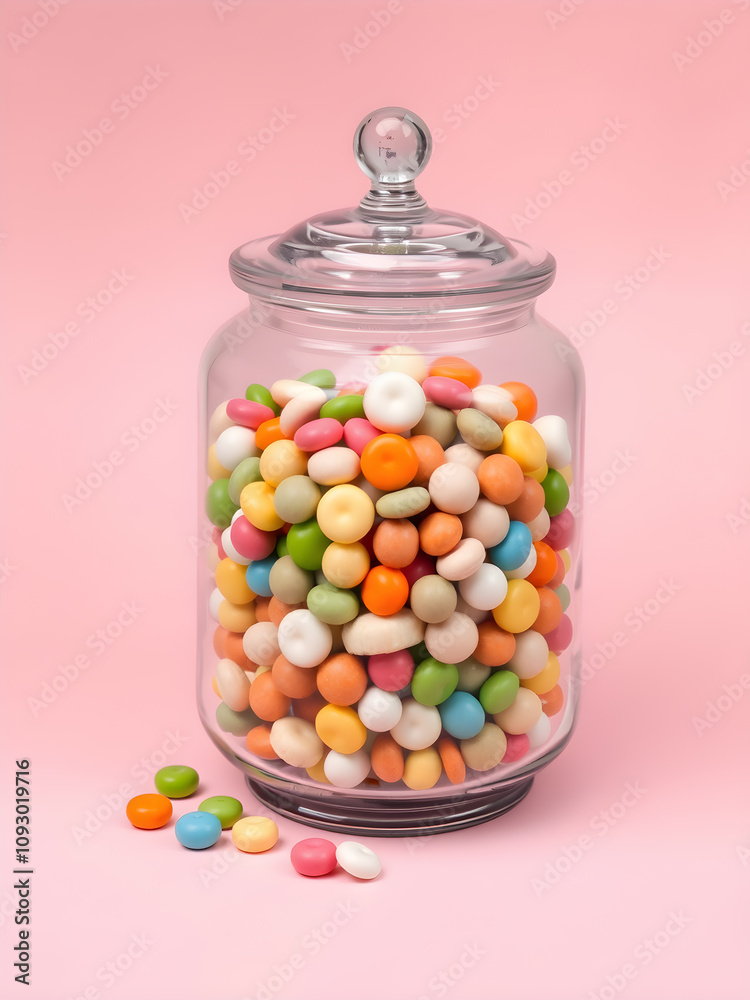 A retro candy jar filled with colorful sweets, set against a pastel background. Generative AI