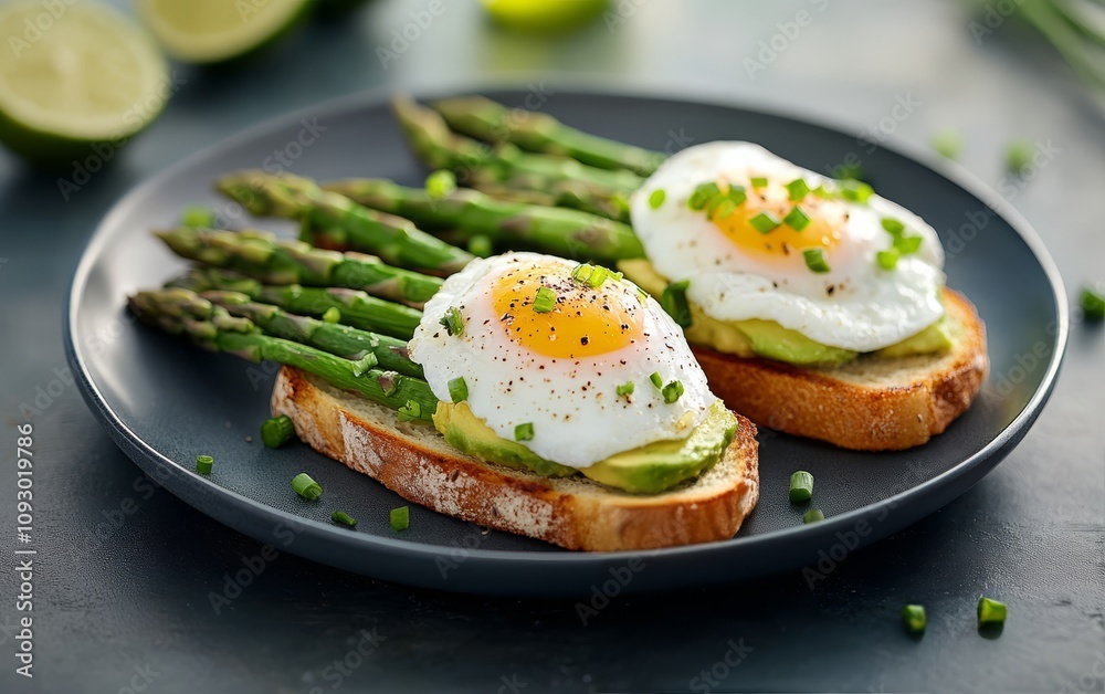 Delicious breakfast with egg, avocado dip, asparagus, and lime on a dark table Delicious breakfast with egg, avocado dip, asparagus, and lime on a dark table
