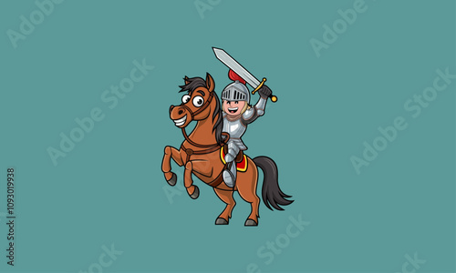 Cartoon knight on a horse holding a sword, ready for battle.