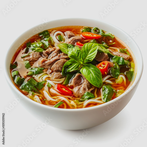 Delicious Bowl of Vietnamese Pho with Tender Beef, Fresh Herbs, and Vibrant Red Chilies Offering a Flavorful Culinary Experience to Savor