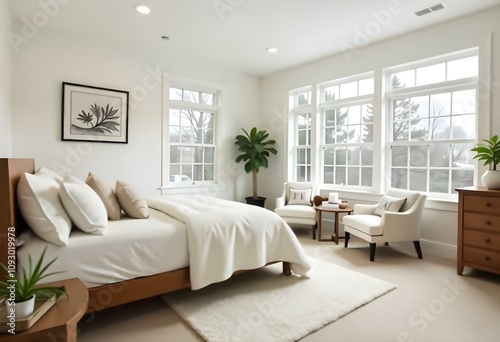 A cozy and inviting bedroom with a large bed, plush white bedding, and a wooden headboard. The room has large windows that let in natural light, and there are potted plants and other decorative elemen