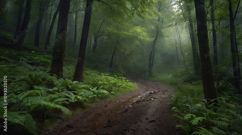 A realistic image of the atmosphere of a forest trail with light rain falling. Create a shady and quiet atmosphere. A realistic image of the atmosphere of a forest trail with light rain falling. Create a shady and quiet atmosphere.