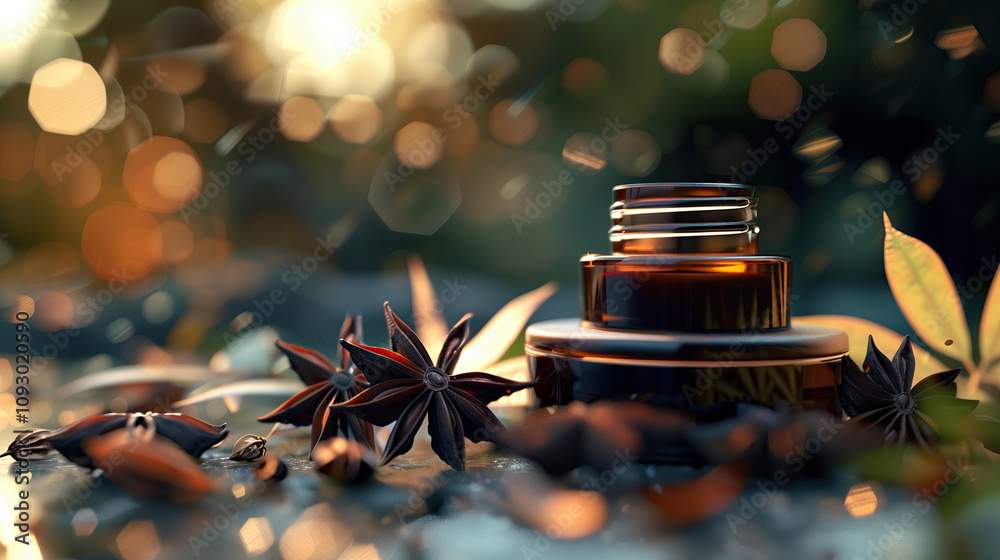Star Anise Essential Oil Extract in a Premium Glass Bottle with Whole Star Anise Pods in an Elegant, High-End Setting Star Anise Essential Oil Extract in a Premium Glass Bottle with Whole Star Anise Pods in an Elegant, High-End Setting