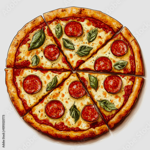 Deliciously Crafted Pepperoni Pizza with Fresh Basil Leaves on a Classic Circular Crust, Perfectly Sliced for Sharing and Enjoying with Friends and Family