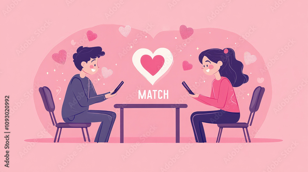 Illustration of a young man and woman sitting at a table and holding phones with the inscription Illustration of a young man and woman sitting at a table and holding phones with the inscription