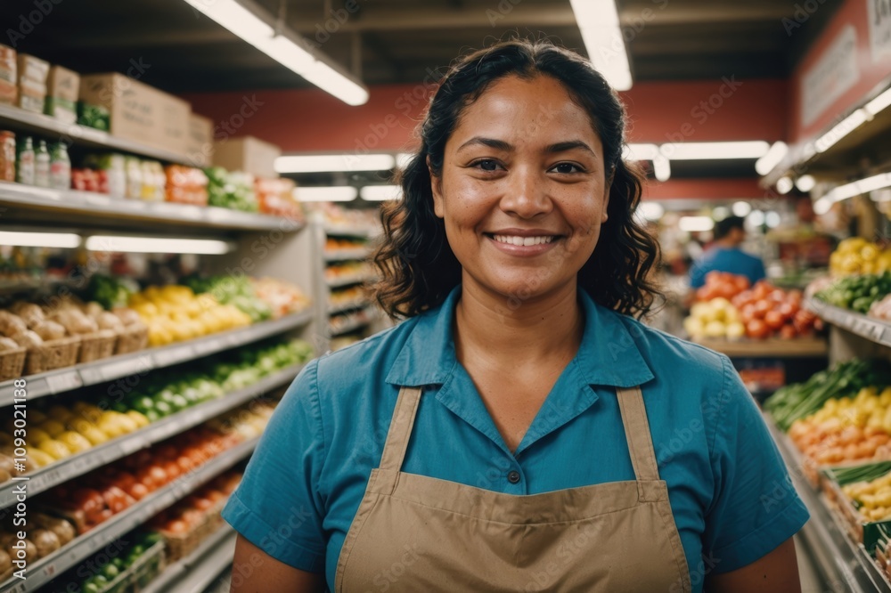 Close portrait of a smiling 40s Samoan female grocer standing and looking at the camera, Samoan grocery store blurred background Close portrait of a smiling 40s Samoan female grocer standing and looking at the camera, Samoan grocery store blurred background