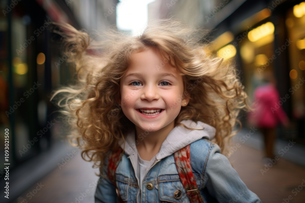Portrait of a cute little girl with curly hair on the street Portrait of a cute little girl with curly hair on the street