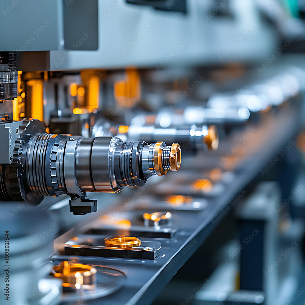 High tech CNC machines precisely cutting and shaping metal components in factory setting, showcasing advanced manufacturing technology and efficiency High tech CNC machines precisely cutting and shaping metal components in factory setting, showcasing advanced manufacturing technology and efficiency
