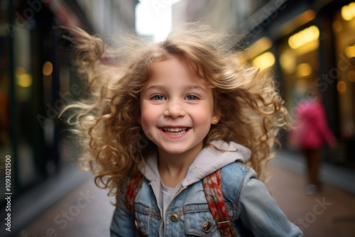 Portrait of a cute little girl with curly hair on the street