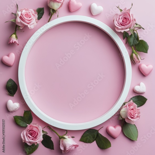 Floral arrangement with empty frame and romantic decorations for celebration or event planning