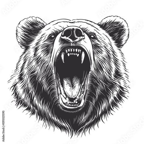 Ferocious Grizzly Bear Roaring - Black and White Line Art photo