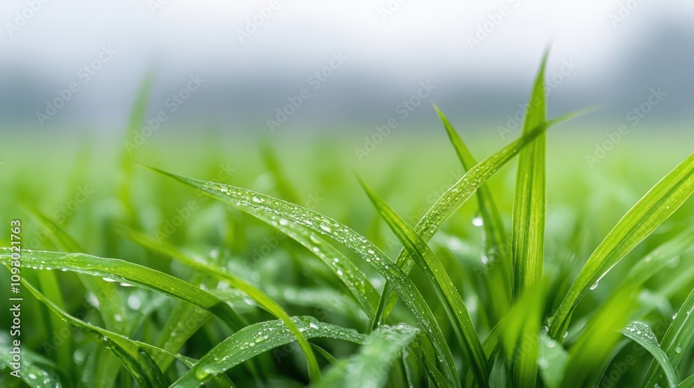 Lush green grass with water droplets creates a tranquil natural setting, ideal for nature-related projects, agriculture themes, or wellness and environmental conservation content, Lush green grass with water droplets creates a tranquil natural setting, ideal for nature-related projects, agriculture themes, or wellness and environmental conservation content,