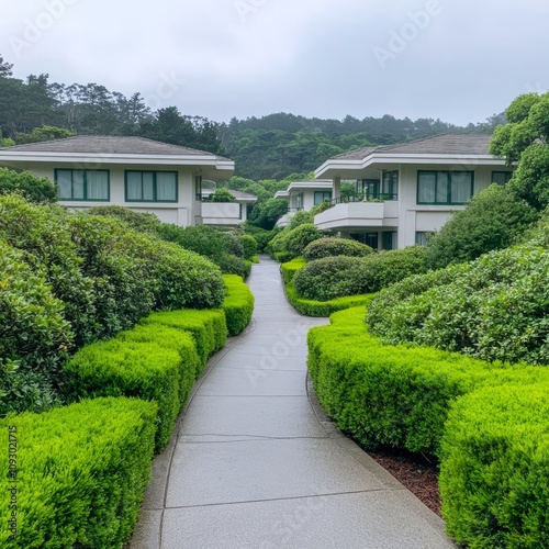 Winding pathway through lush green hedges leading to modern white buildings nestled in a hillside landscape.