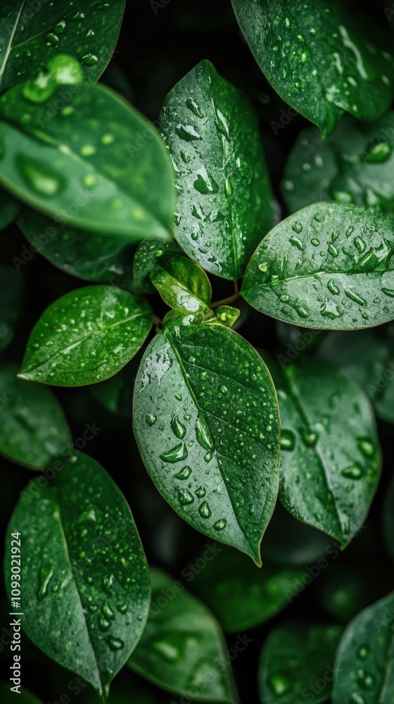 Close-up of lush green leaves adorned with water droplets, evoking freshness and vitality, Ideal for nature themes, wellness, and environmental projects, Close-up of lush green leaves adorned with water droplets, evoking freshness and vitality, Ideal for nature themes, wellness, and environmental projects,