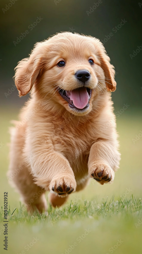 Fototapeta premium A lively golden retriever puppy joyfully runs across a grassy field, celebrating National Puppy Day with exuberance and energy on a sunny day