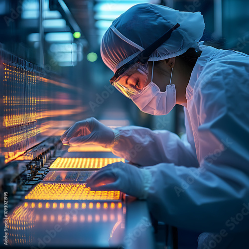 worker inspecting semiconductor wafers in cleanroom environment, showcasing precision and focus in high tech setting. glowing wafers highlight advanced technology involved photo