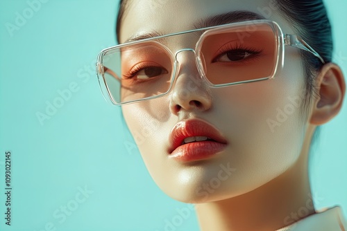 Close-up of a woman with stylish eyewear posing against a turquoise background on a sunny day