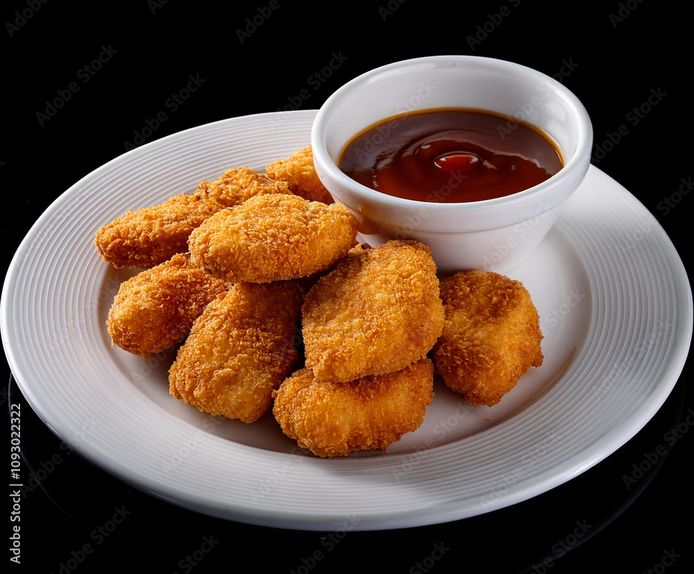 chicken nuggets on white plate. with a bowl of oyster sauce. isolated on black background. chicken nuggets on white plate. with a bowl of oyster sauce. isolated on black background.