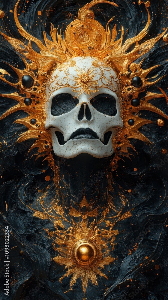 A skull with golden, ornate jewelry and a halo. A skull with golden, ornate jewelry and a halo.