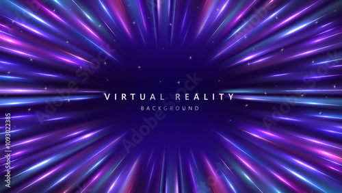 Virtual Reality VR background with zoom effect. Abstract speed lights motion background. Illustration of spreading lines shiny effects for ecommerce signs retail shopping. 
