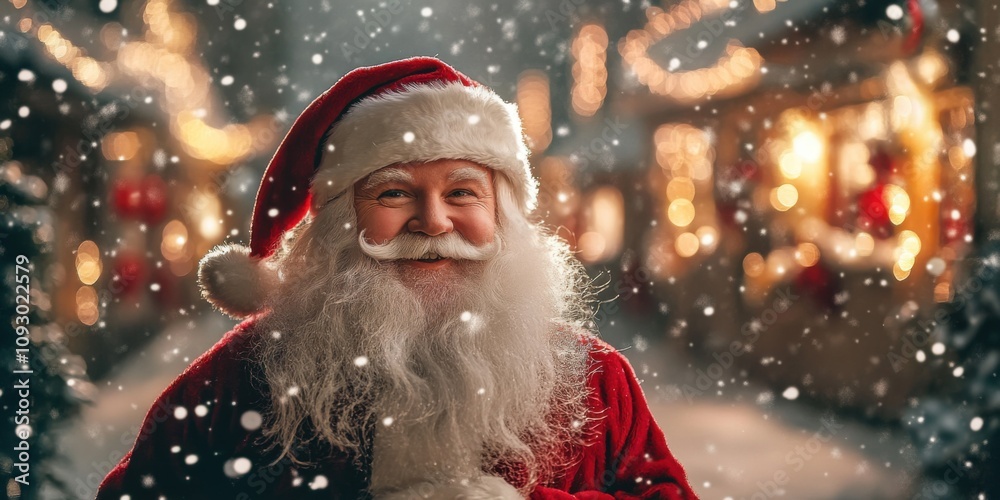 Santa Claus in a snowy village with twinkling lights and festive decorations, soft snowfall, and warm glowing windows