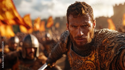 An intense portrayal of a warrior in shining armor, surrounded by fellow soldiers and vibrant flags, capturing the raw energy and passion of combat in a historical setting. photo