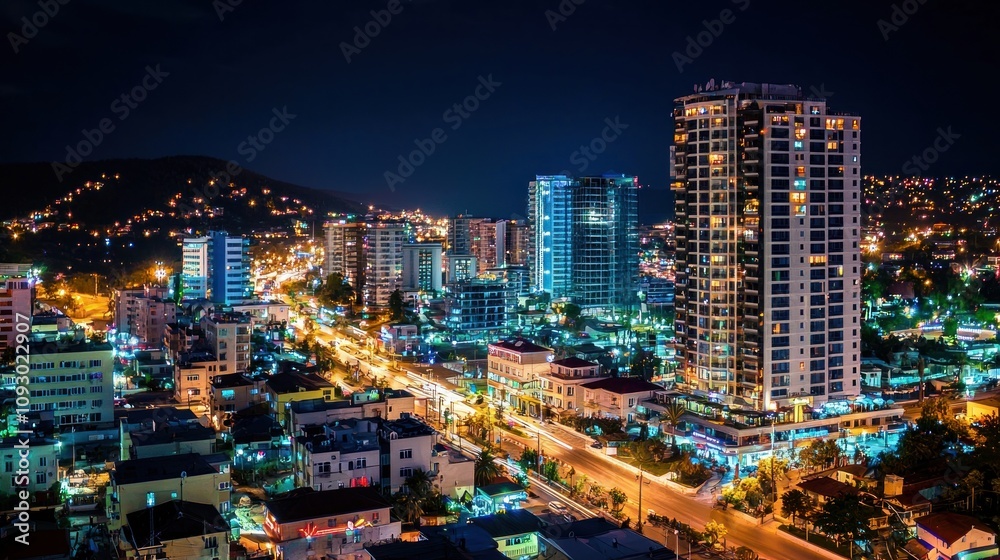 Fototapeta premium Nighttime cityscape with illuminated buildings and streets