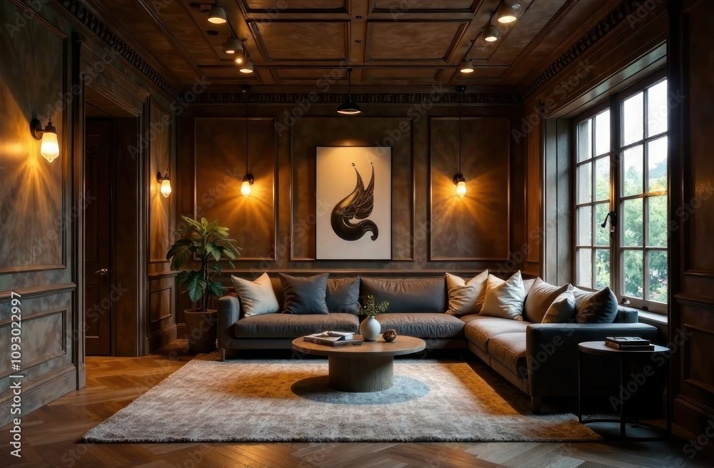 A chic living room features warm wood paneling, an elegant sofa, and stunning wall art for a welcoming vibe A chic living room features warm wood paneling, an elegant sofa, and stunning wall art for a welcoming vibe