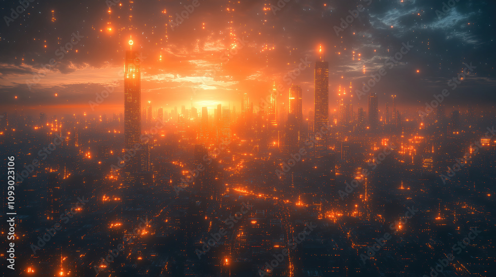 Fototapeta premium Vibrant sunset illuminates a futuristic cityscape filled with glowing skyscrapers and a hazy skyline. Generative AI
