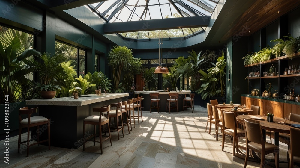 Here's a description and keywords for your stock photo.. Sunlit indoor bar & lounge with tropical plants, dark walls, and modern furniture. Here's a description and keywords for your stock photo.. Sunlit indoor bar & lounge with tropical plants, dark walls, and modern furniture.