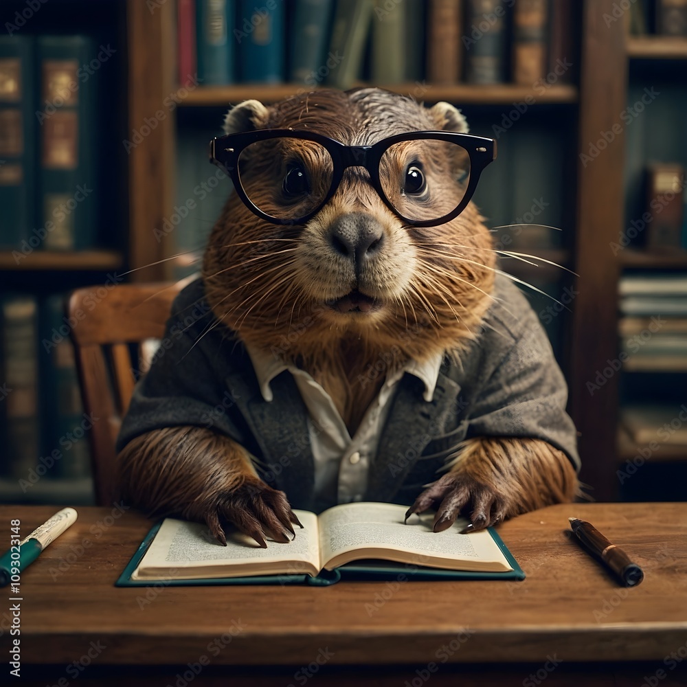 Beaver in a Library with Books and a Studious Expression Beaver in a Library with Books and a Studious Expression