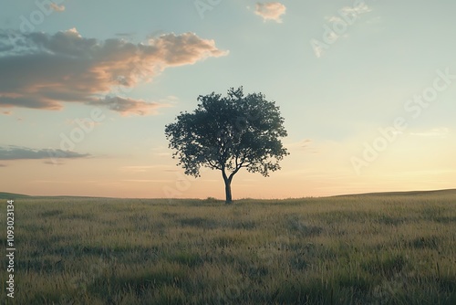 Wallpaper Mural A solitary tree stands majestically in an open field under a colorful sky, evoking a sense of tranquility and natural beauty. Torontodigital.ca