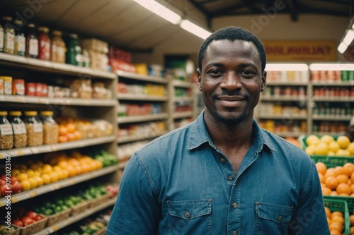 Close portrait of a smiling 40s Sierra Leonean male grocer standing and looking at the camera, Sierra Leonean grocery store blurred background