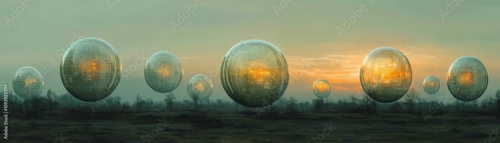 Surreal landscape featuring floating bubbles reflecting a serene sunset and nature, creating a dreamlike atmosphere. Surreal landscape featuring floating bubbles reflecting a serene sunset and nature, creating a dreamlike atmosphere.