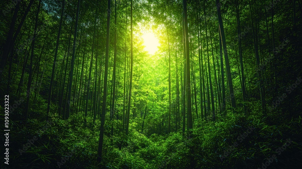 Fototapeta premium Sunlight Streaming Through a Lush Bamboo Forest, Illuminating Dense Green Foliage and Creating a Serene Atmosphere in Nature's Tranquil Retreat