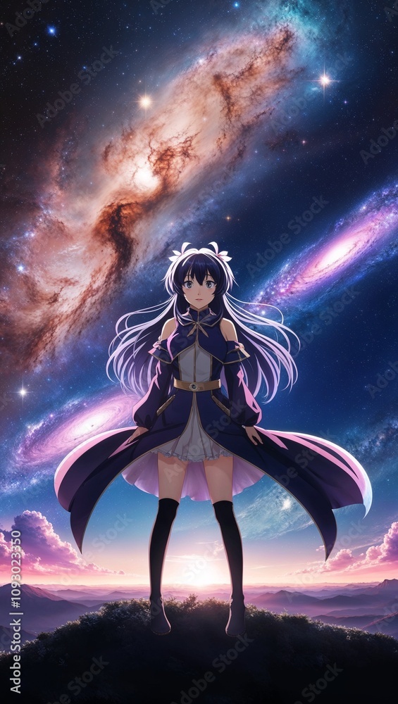 Naklejka premium Anime celestial background starry sky nebula distant galaxies cosmic beauty