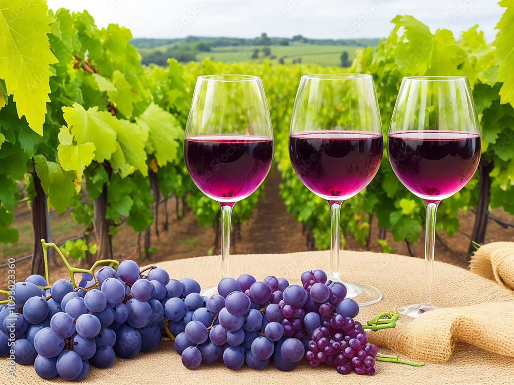 Naklejka premium Wine glasses, wine bottles, vineyard landscape and grapes in nature.