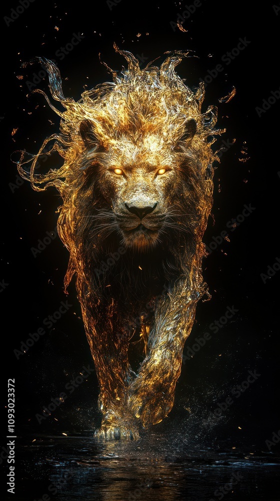 Glowing majestic lion with fiery mane in darkness Glowing majestic lion with fiery mane in darkness