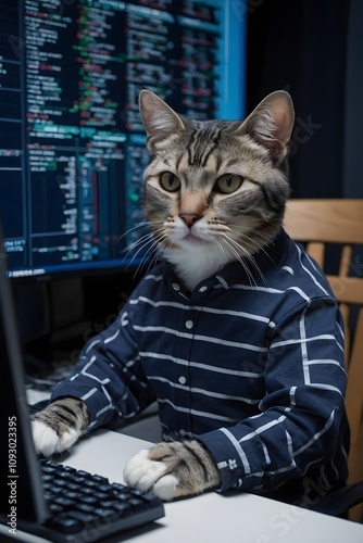 A Cat Programmer at Work Gray Tabby in Youthful Attire Coding on Three Monitors