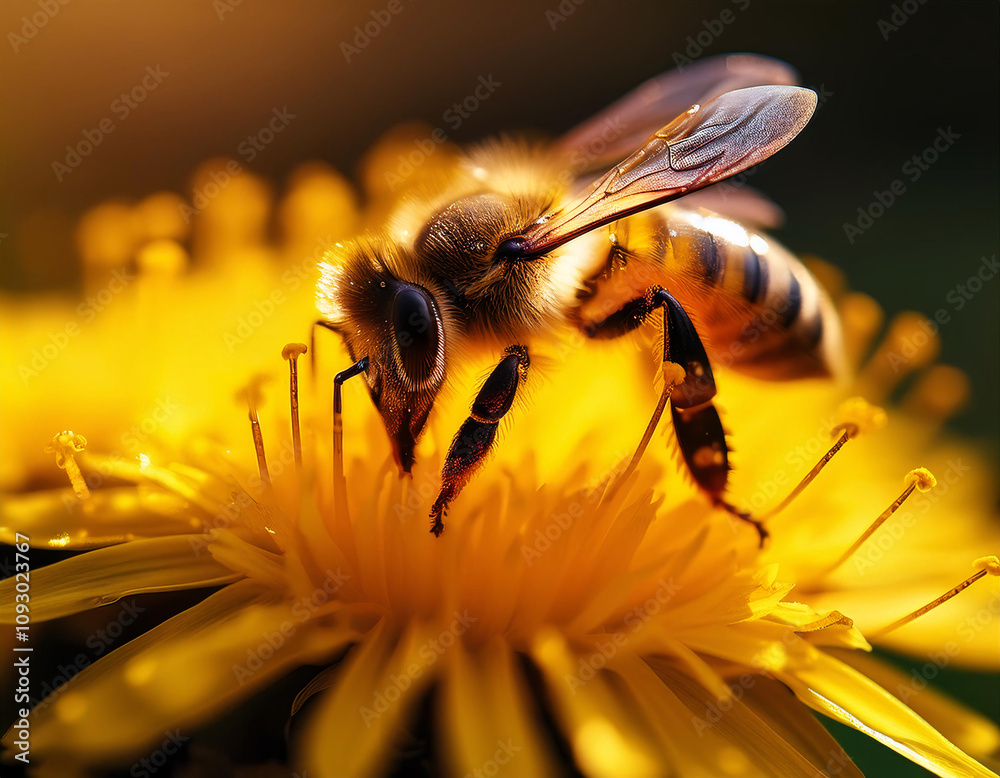 A busy honeybee gathers pollen from a vibrant dandelion flower A busy honeybee gathers pollen from a vibrant dandelion flower