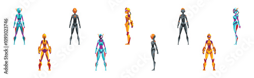 Robot Woman Stand in Costume with Slim Body Vector Set