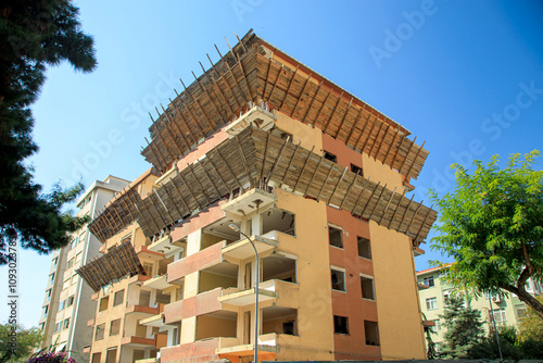 Fotografi evacuated residential  building demolished for reconstruction in the city