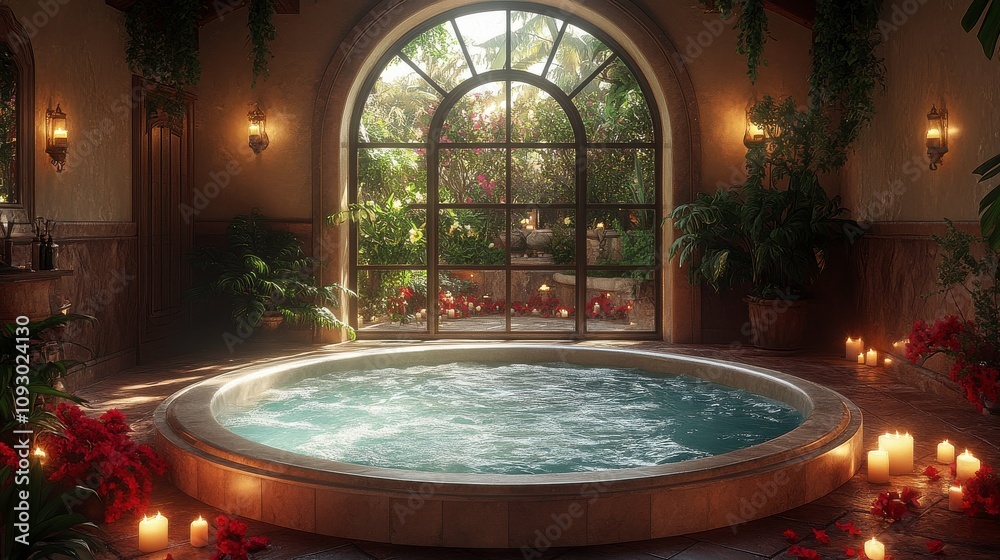 Obraz premium Serene Indoor Spa Retreat with Inviting Jacuzzi Surrounded by Lush Greenery, Natural Light, and Cozy Ambiance for Ultimate Relaxation and Rejuvenation