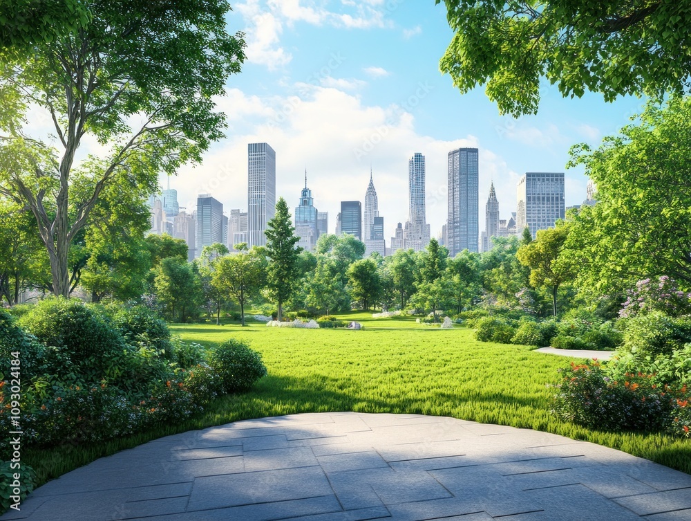 A vibrant park scene with a city skyline in the background, showcasing nature and urban life. A vibrant park scene with a city skyline in the background, showcasing nature and urban life.